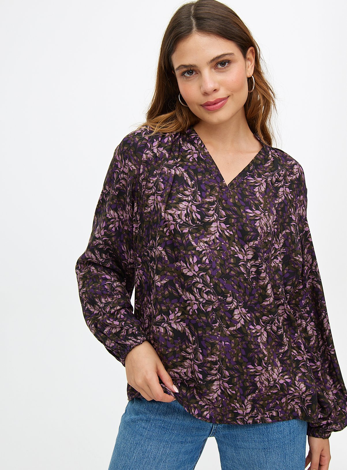 Purple Floral Bloom Print Long Sleeve Blouse