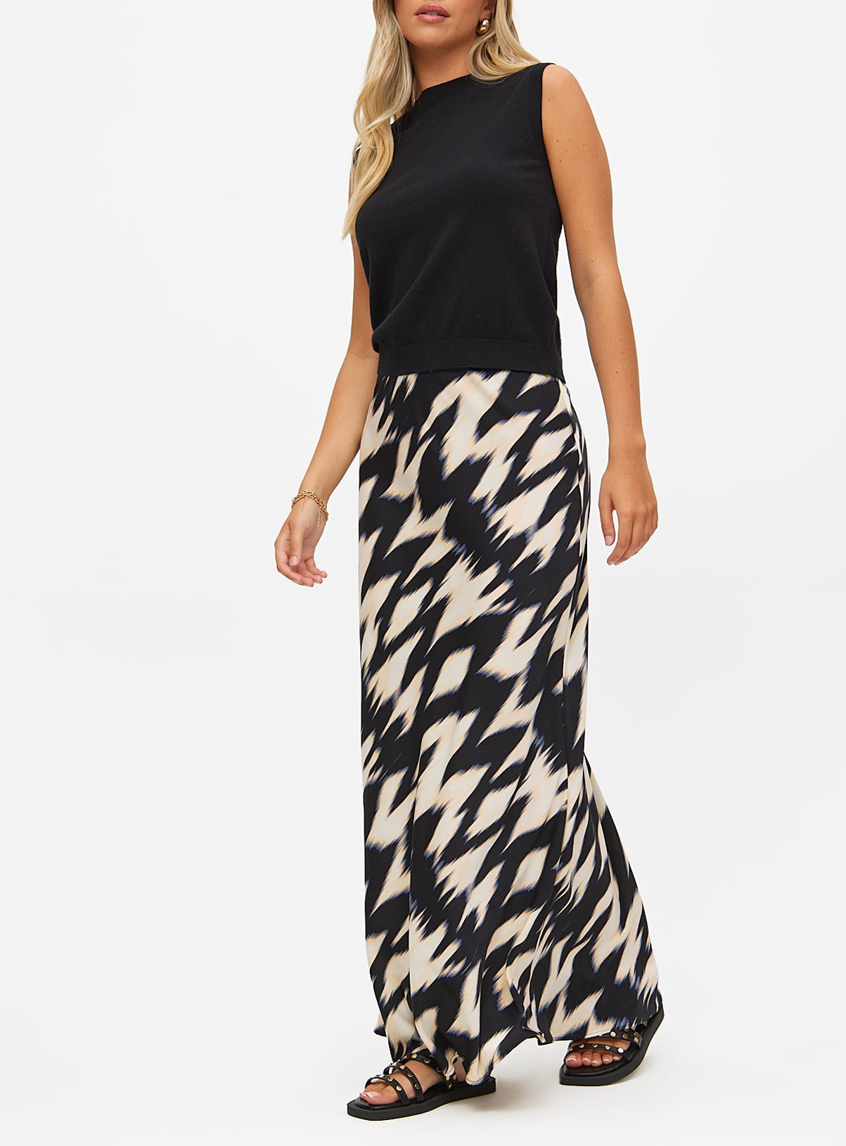 Abstract Print Satin Midaxi Skirt 