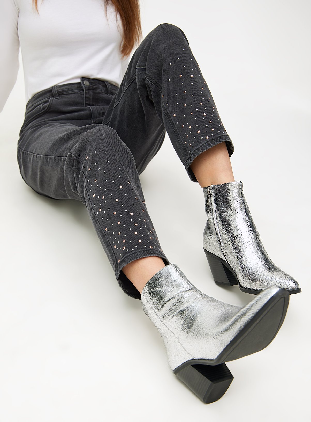 Black Straight Leg Embellished Hem Denim Jeans  