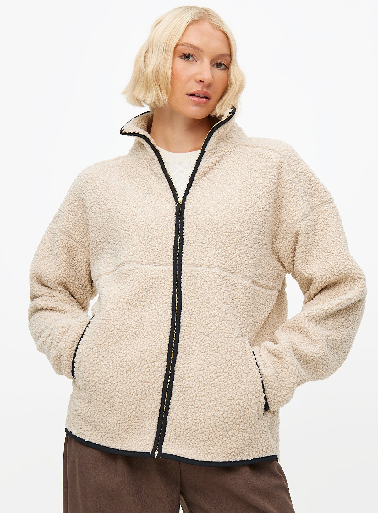 Cream Contrast Trim Borg Fleece Jacket 