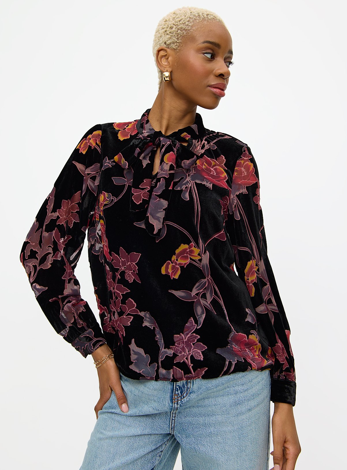 Floral Jacquard Tie Neck Blouse 