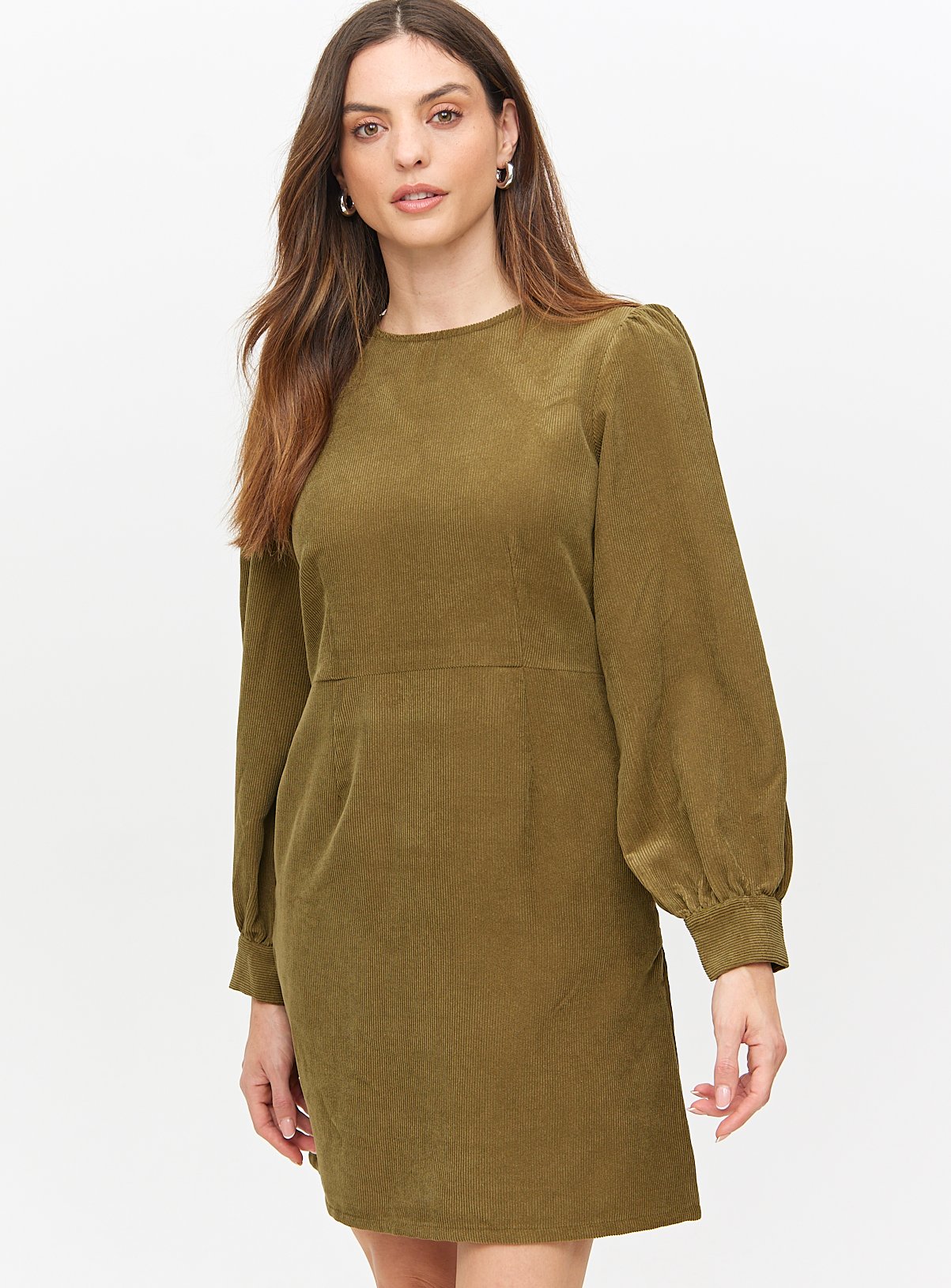 Khaki Corduroy Long Sleeve Mini Dress