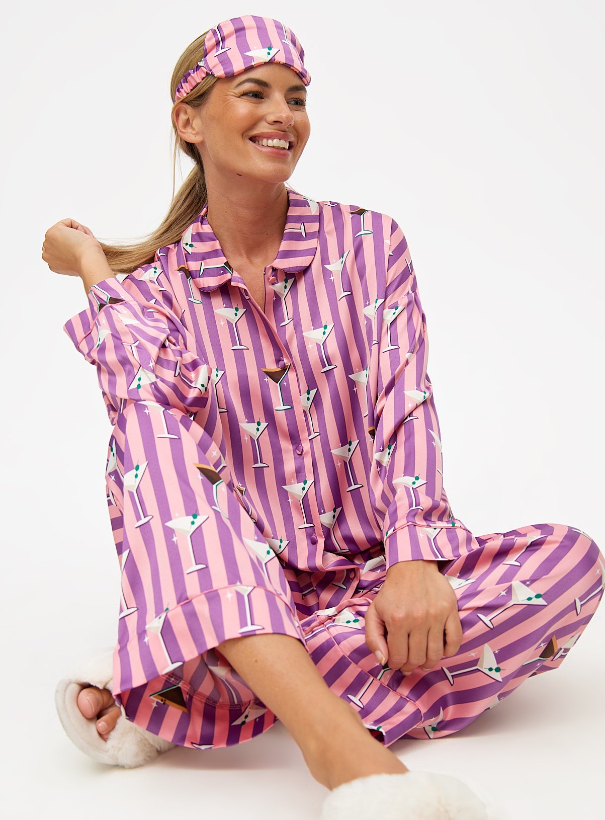 Pink Stripe Cocktail Print Traditional Satin Pyjamas & Eye Mask Set 