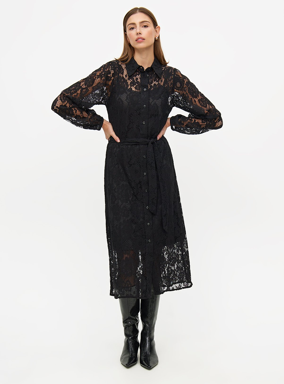 Black Lace Belted Long Sleeve Midaxi Shirt Dress 