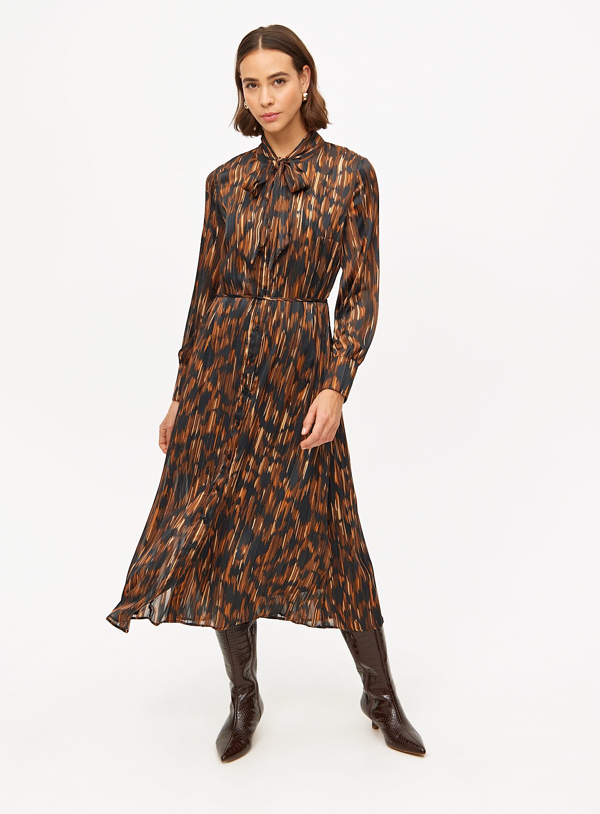 Brown Abstract Printed Sparkle Midaxi Dress