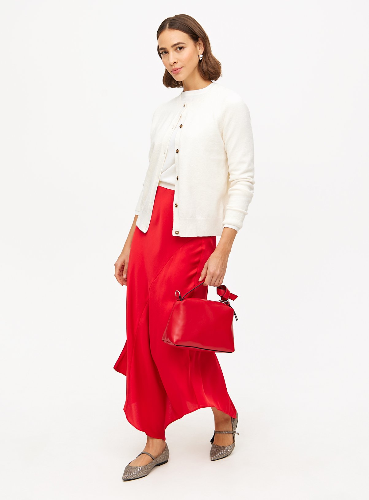 Red Satin Asymmetric Midaxi Skirt 