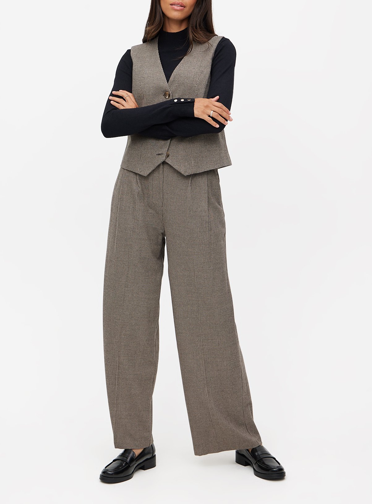 Brown Dogtooth Wide Leg Tailored Trousers 