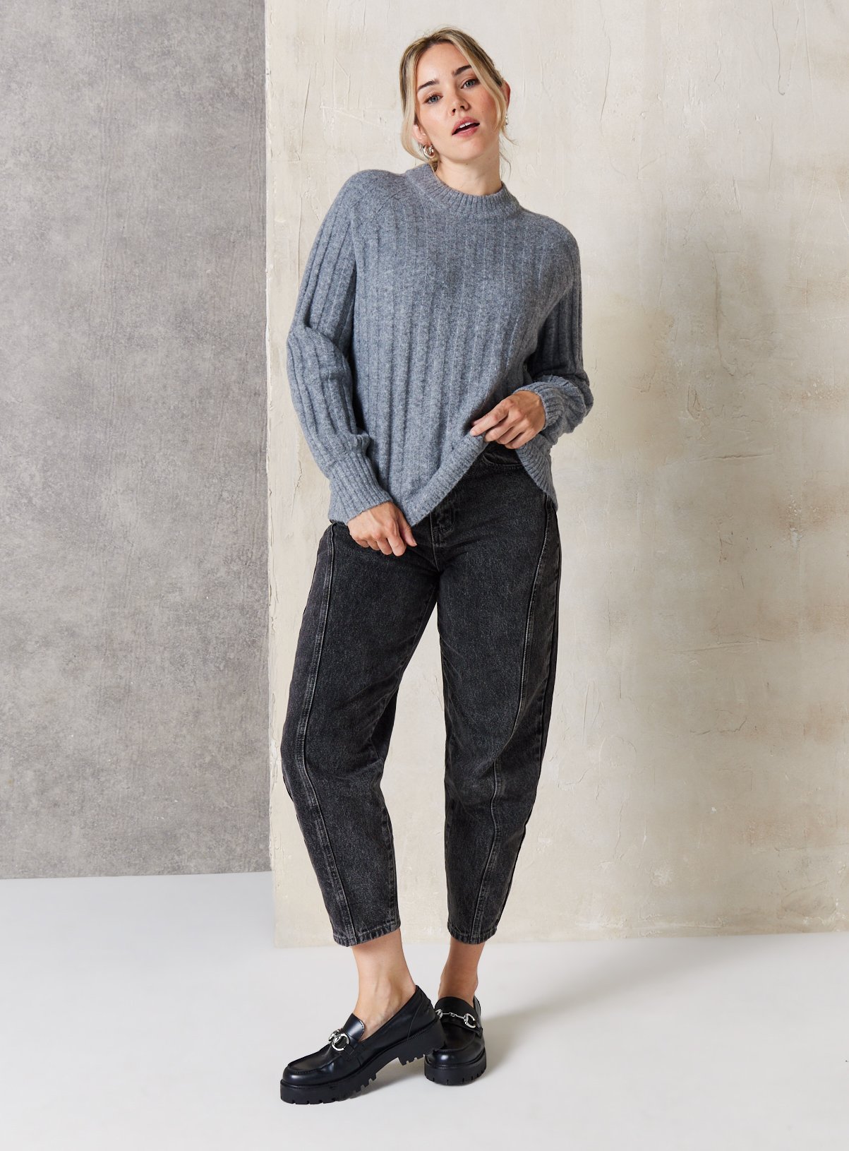 EVERBELLE Grey Wide Ribbed Cable Knitted Jumper S