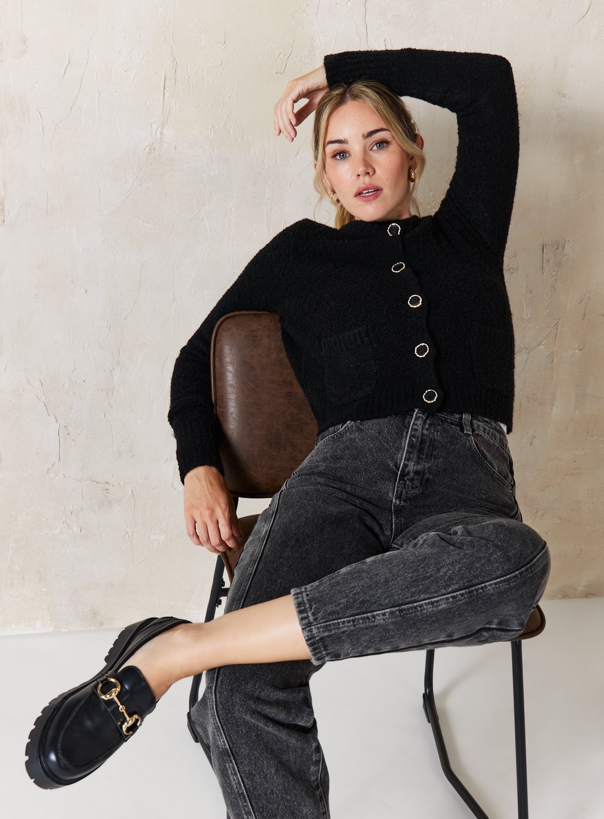 EVERBELLE Black Knitted Button Boucle Cardigan