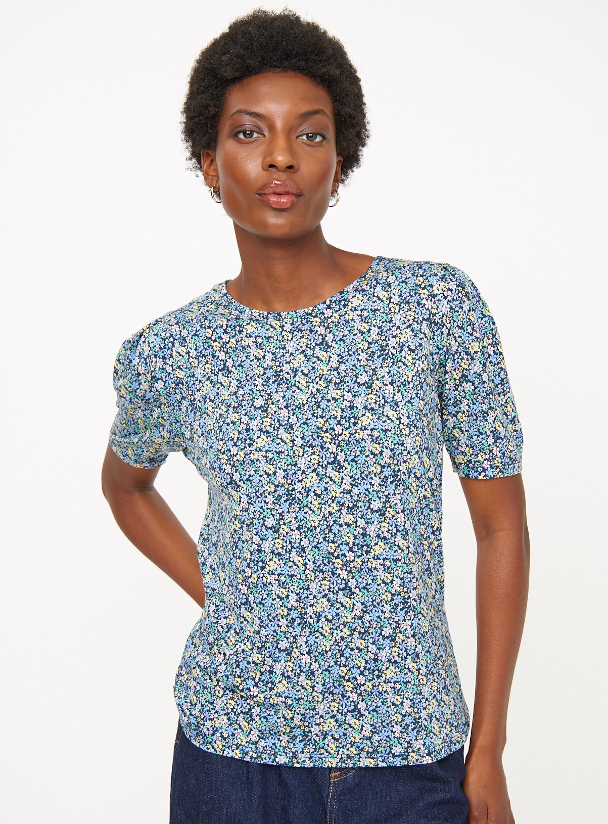 Blue Floral Puff Sleeve T-Shirt 