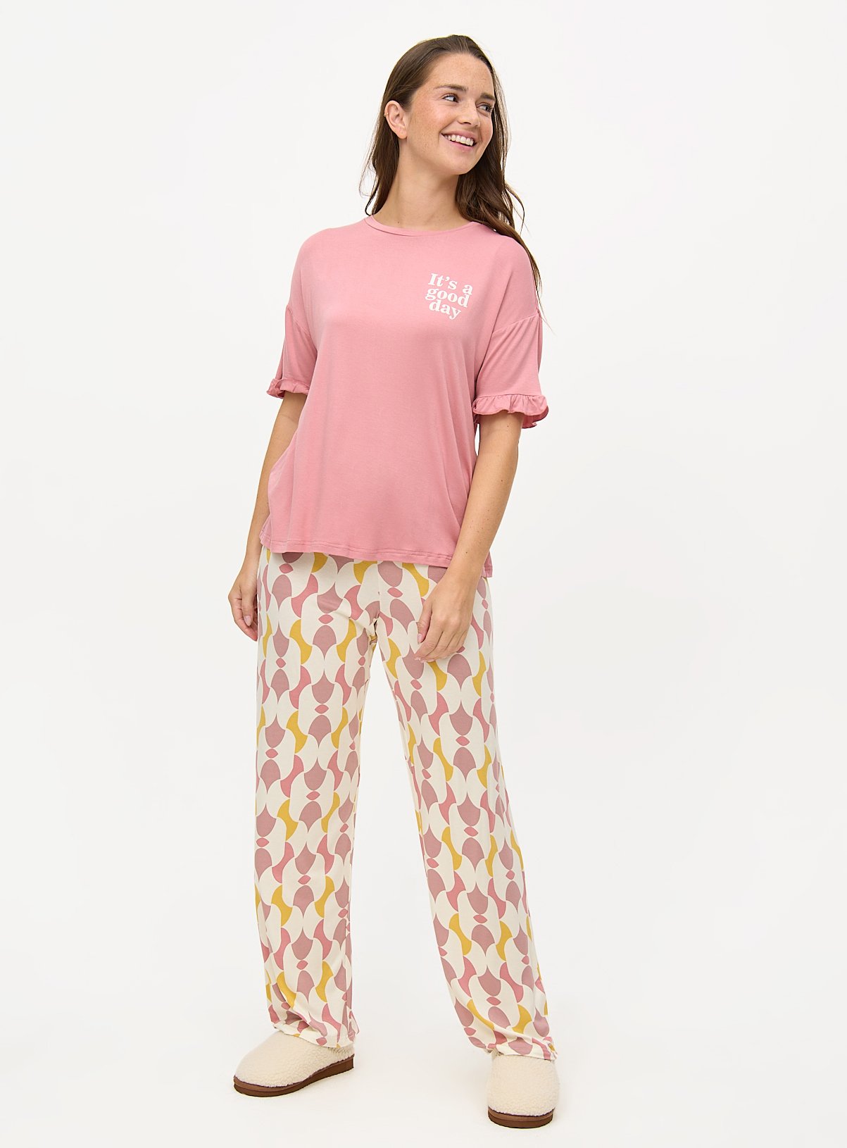 Pink Frill Sleeve Good Time Print Pyjamas