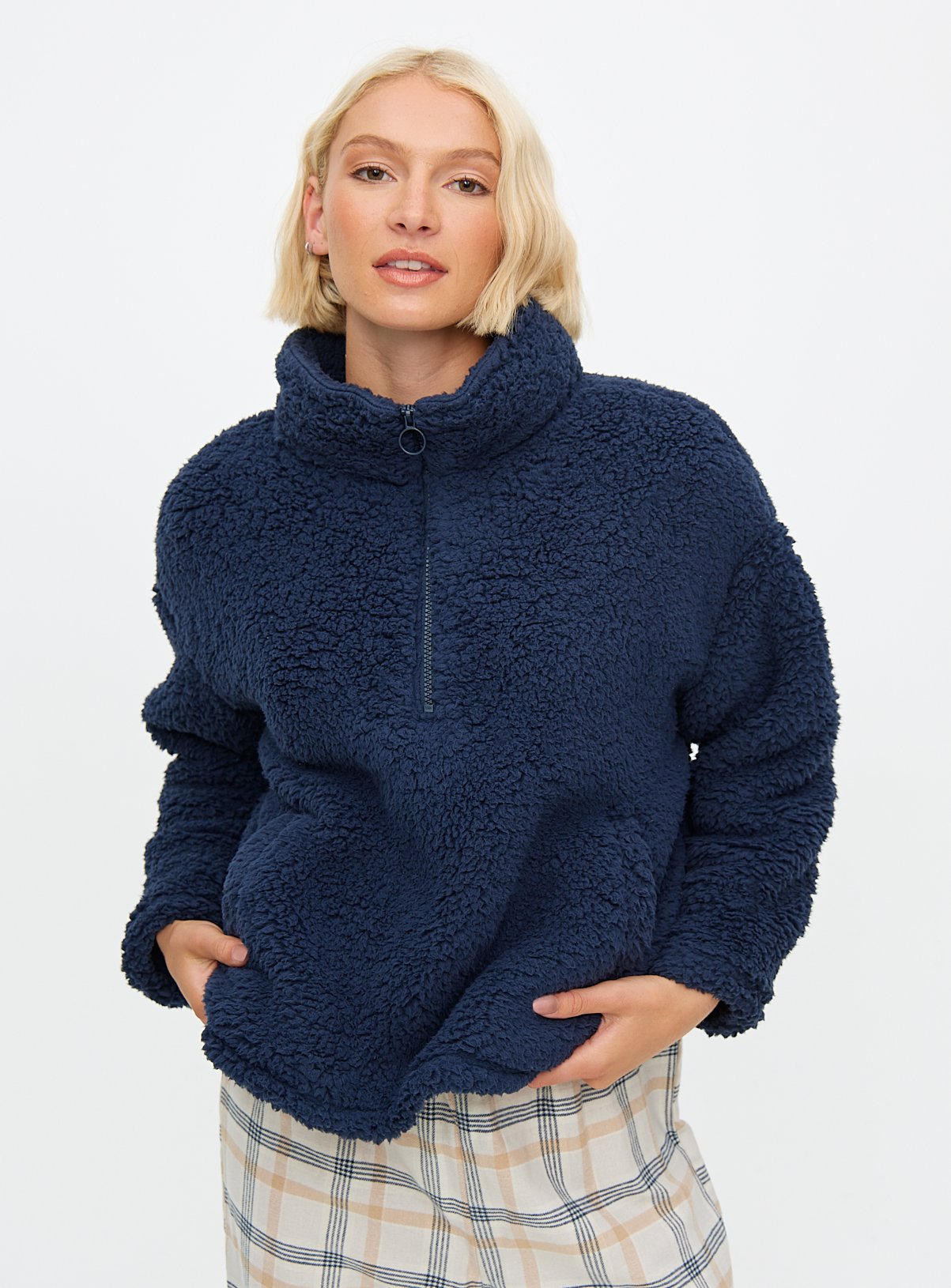 Navy Quarter Zip Fleece & Cream Check Pyjama Set  