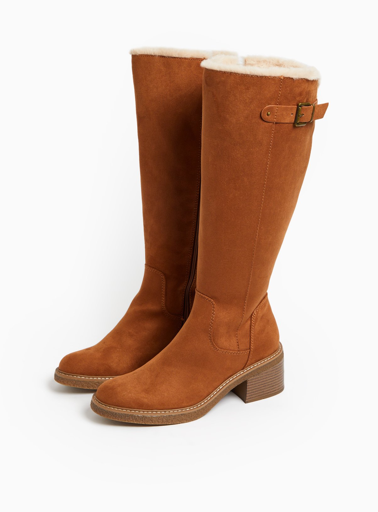 Tan Brown Faux Suede Heeled Knee High Boots 