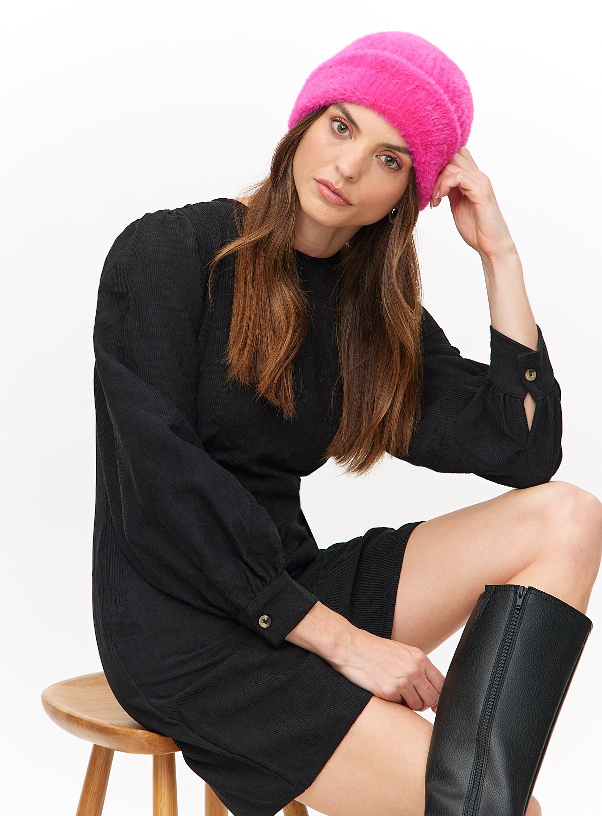 Black Corduroy Long Sleeve Mini Dress 