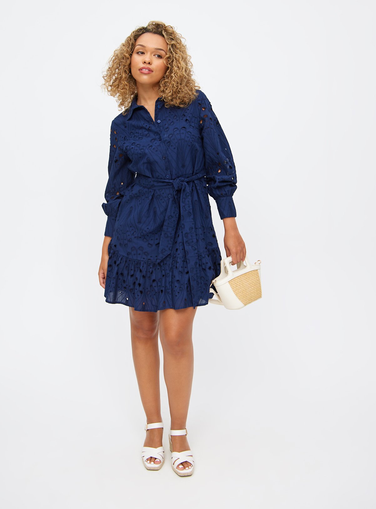 Navy Broderie Belted Long Sleeve Shirt Dress 