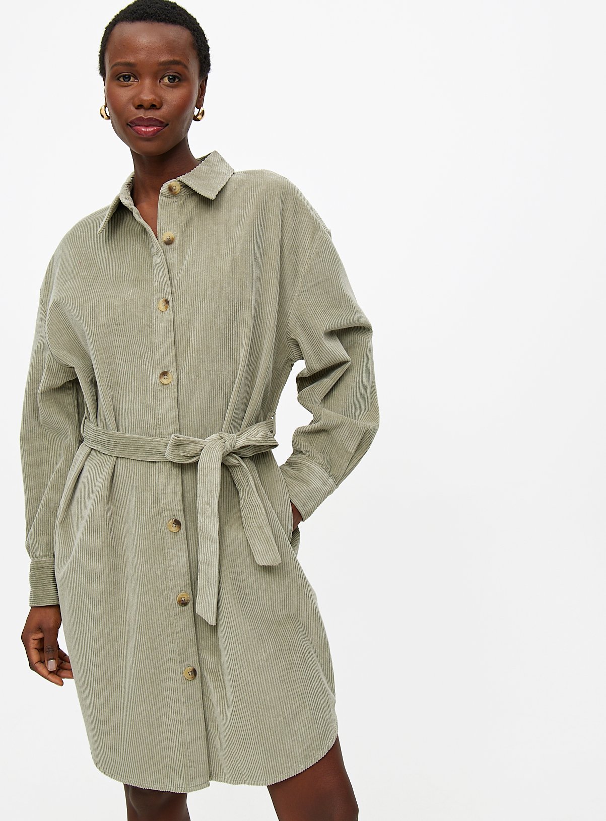 Sage Green Corduroy Mini Shirt Dress 16