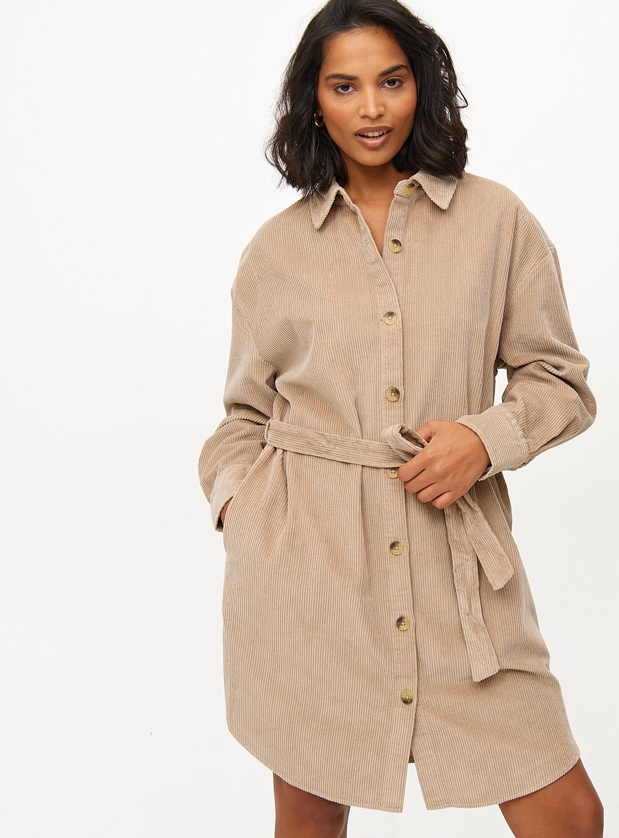 Stone Corduroy Belted Long Sleeve Shirt Dress