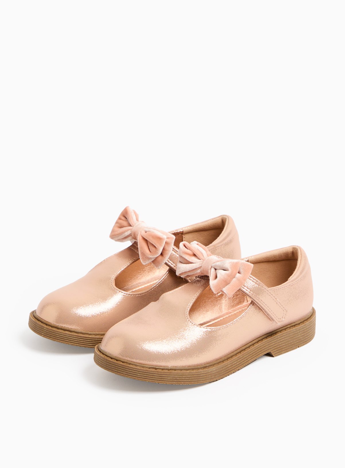 Rose Gold T-Bar Velvet Bow Shoes 