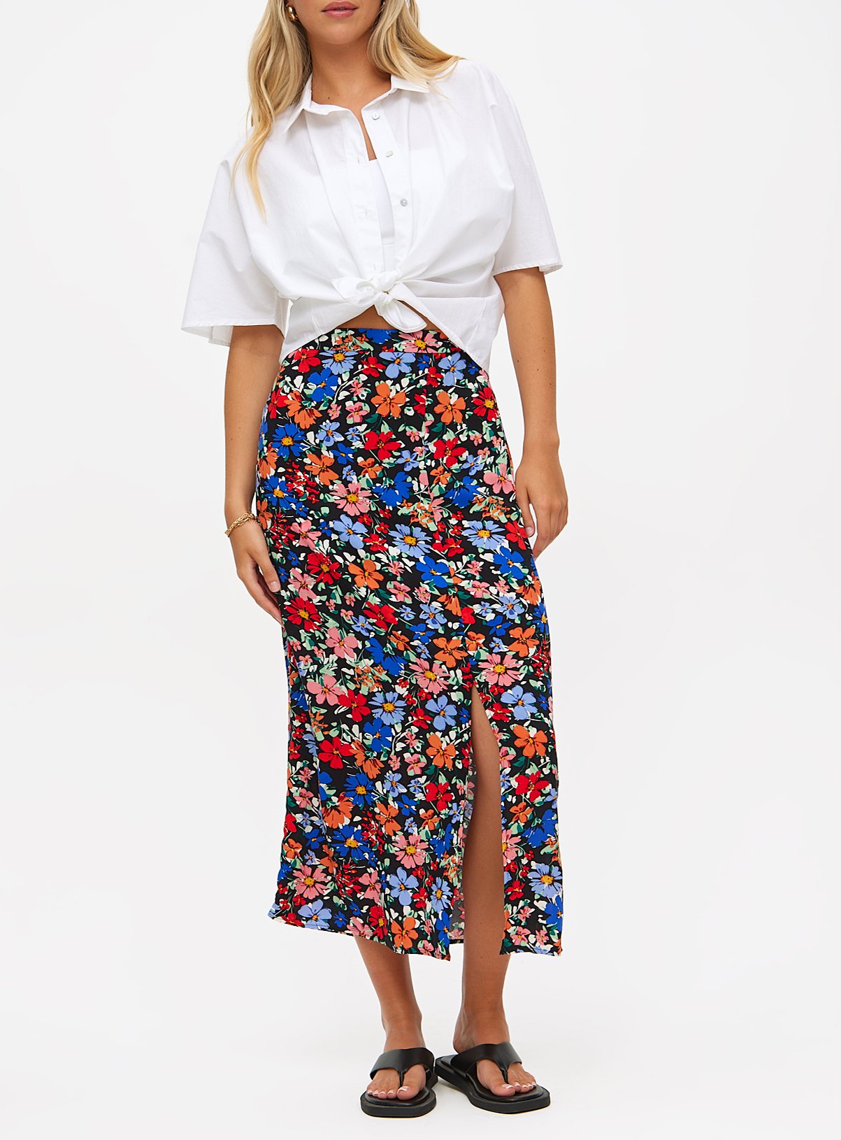 Large Floral Print Side Split Midaxi Skirt 