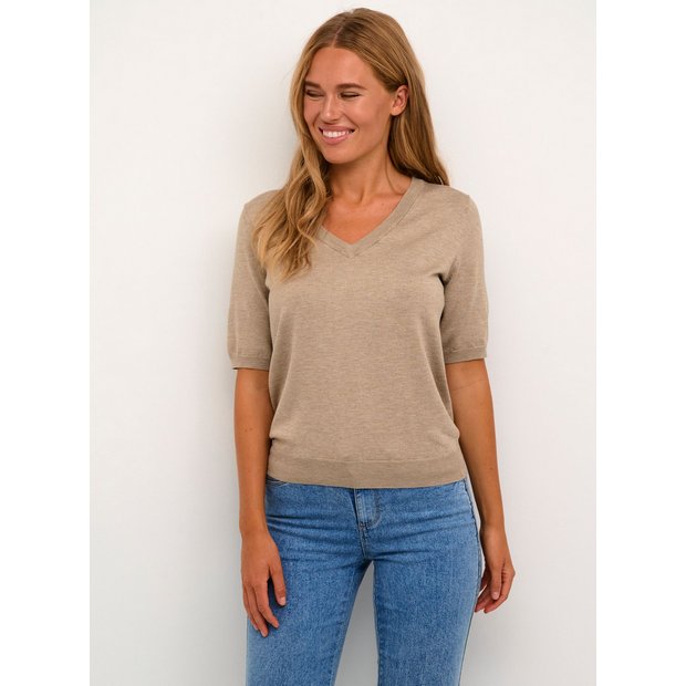 Buy KAFFE Lizza V Neck Short Sleeve Pullover Beige XL | Jumpers | Tu