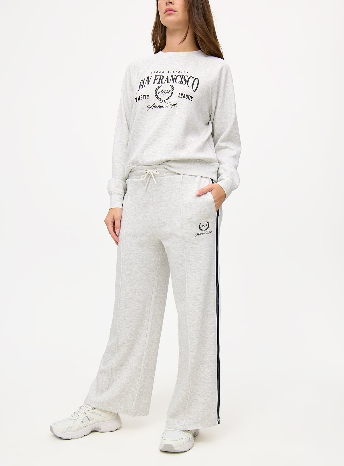 Grey Marl Coord Straight Leg Stripe Tapered Joggers 