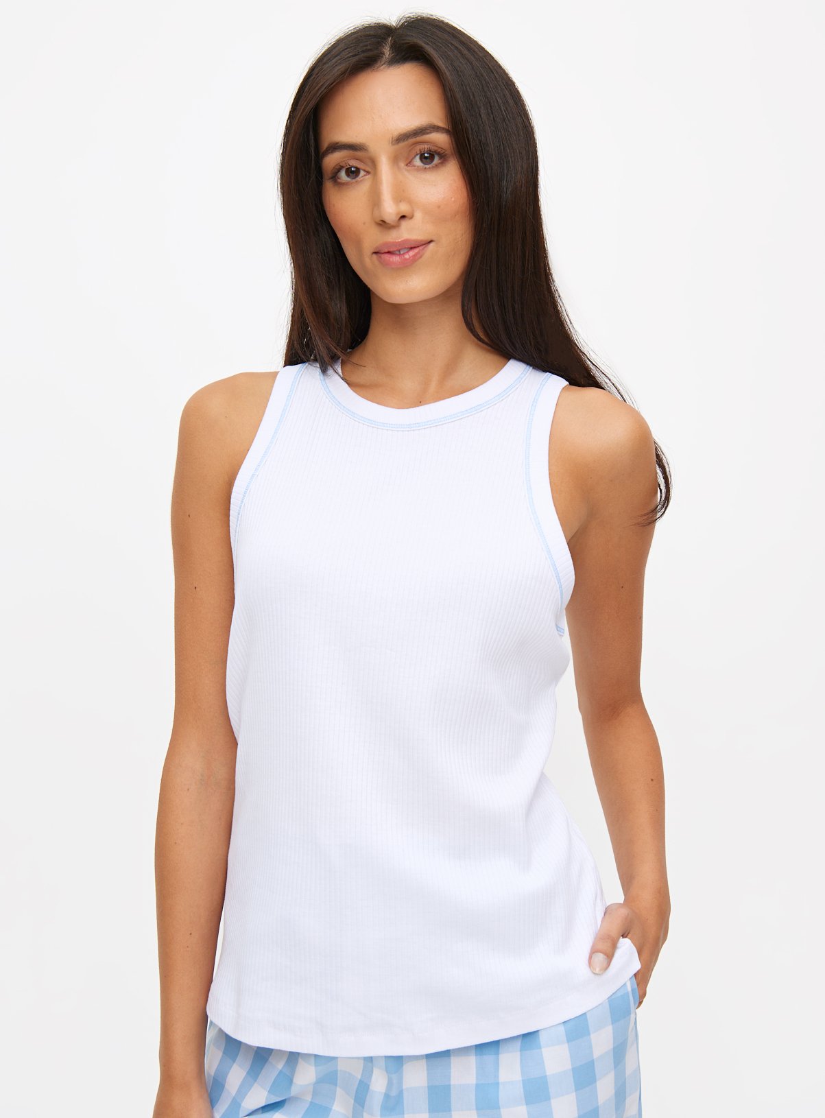 White Ribbed Sleeveless Pyjama Tank Top 