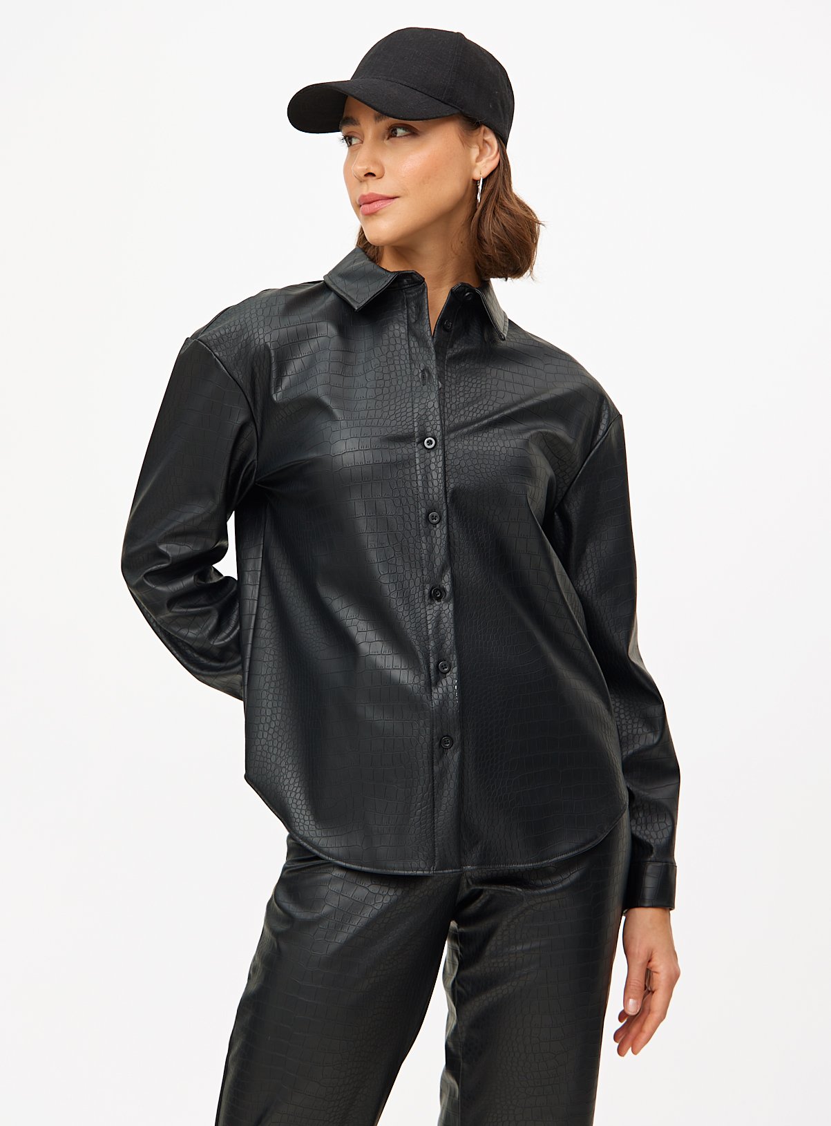 Black Faux Leather Croc Detail Long Sleeve Shirt