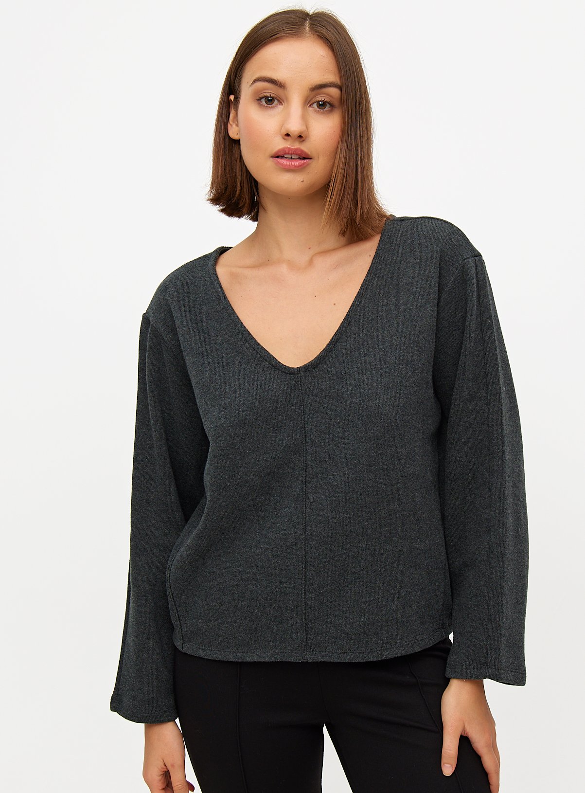 Seam Detail  V Neck Long Sleeve Top 