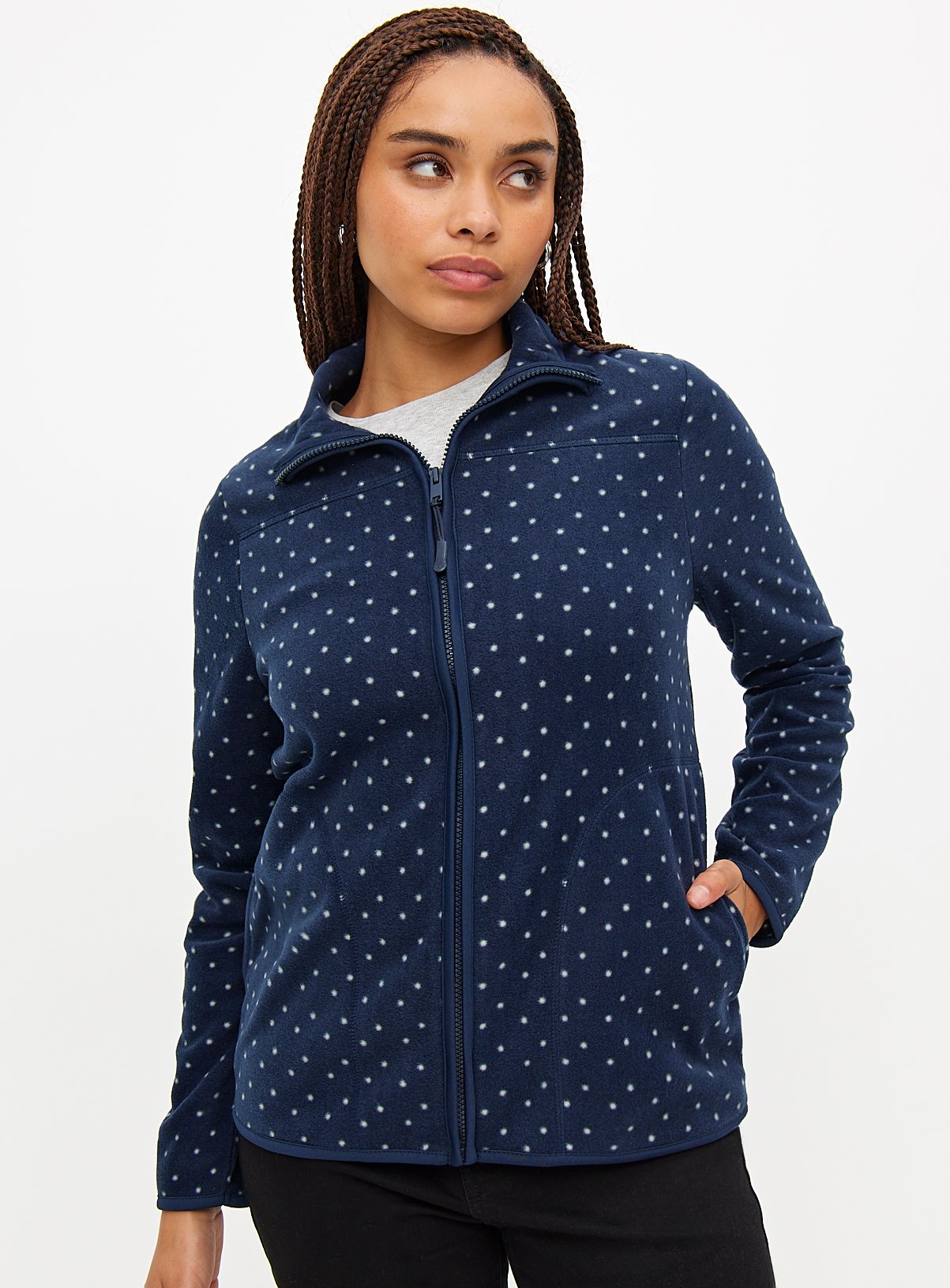 Navy Spot Print Zip-Through Fleece 