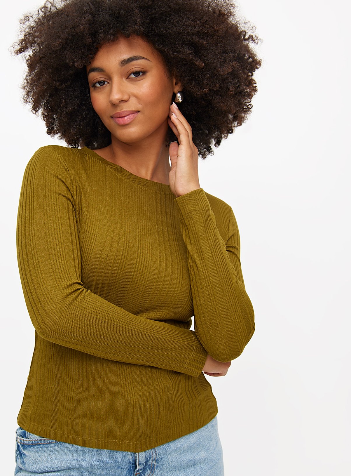 Crew Neck Ribbed Slim Fit Long Sleeve Top 
