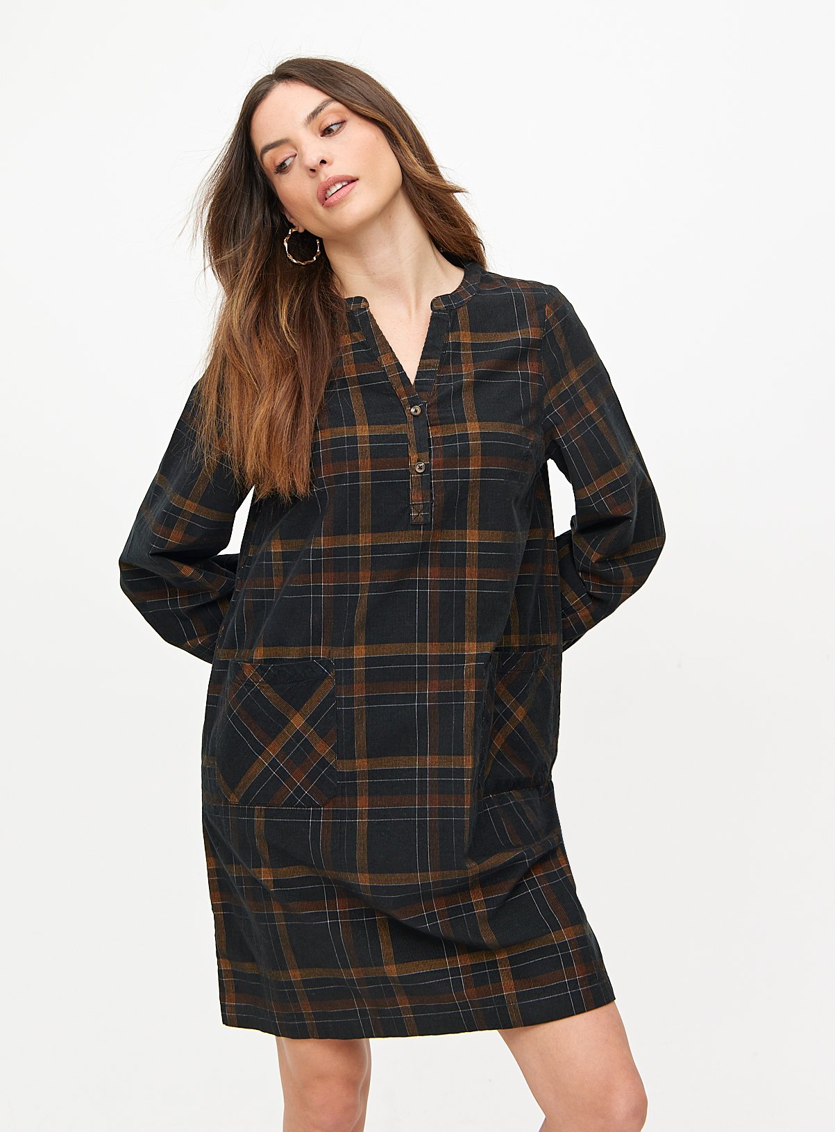 Khaki Check Corduroy Mini Dress