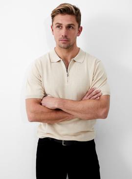 FRENCH CONNECTION Zip Neck SS Polo Beige 
