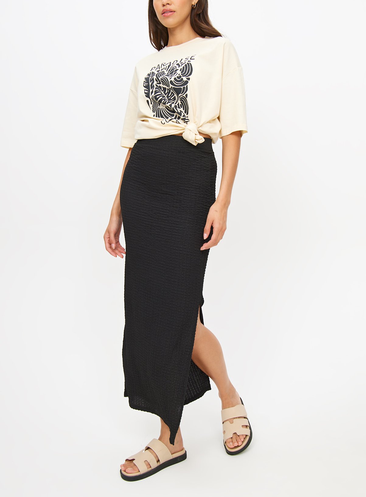 Black Textured Side Split Midaxi Skirt 20
