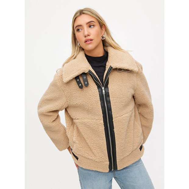 Buy Beige Borg Fleece Contrast Zip Through Coat L Coats Tu