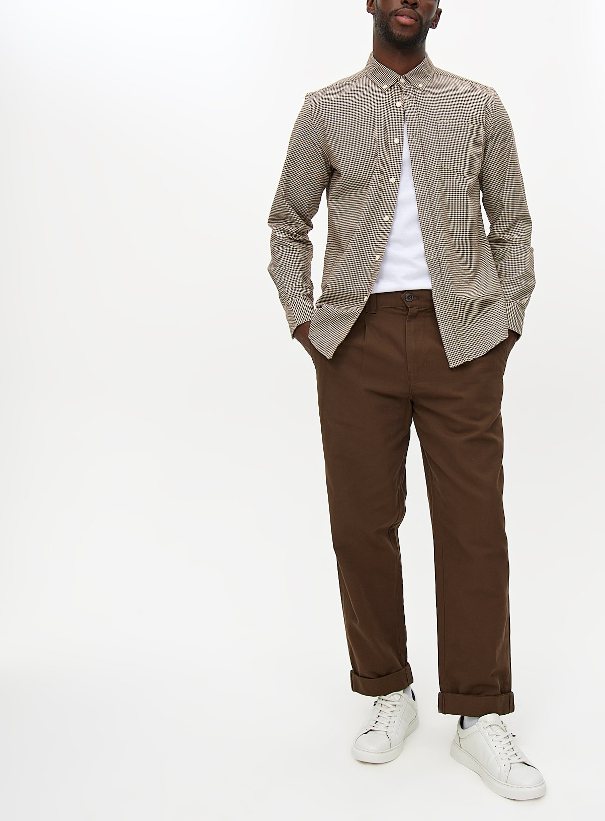 Brown Pleat Front Straight Leg Trousers 