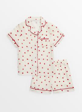 White Strawberry Print Double Cloth Pyjamas 