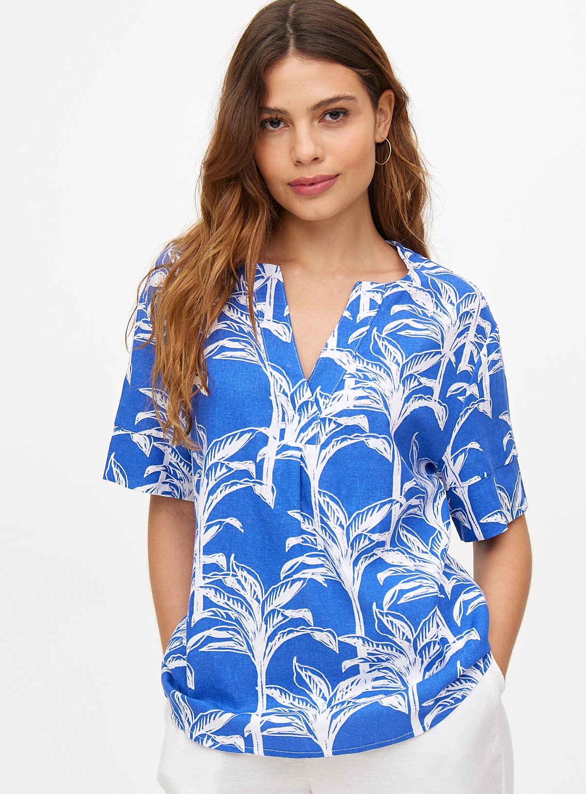 Blue Palm Print Linen Blend Short Sleeve Top