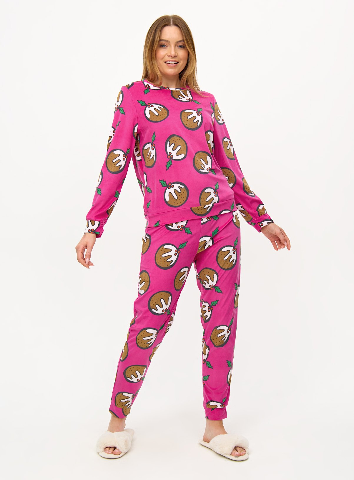 Matching Family Women's Christmas Pudding Print Fleece Pyjamas 
