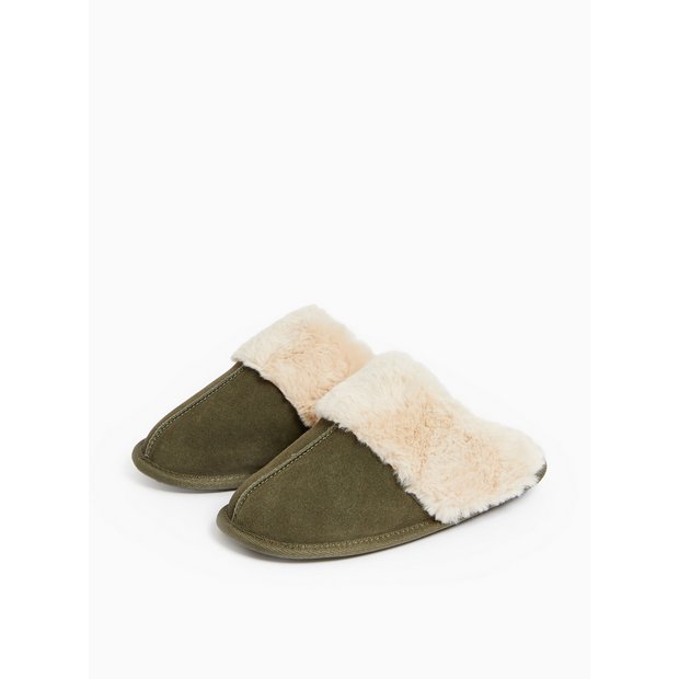 Buy totes Real Suede Khaki Faux Fur Lined Mule Slippers L Slippers Tu