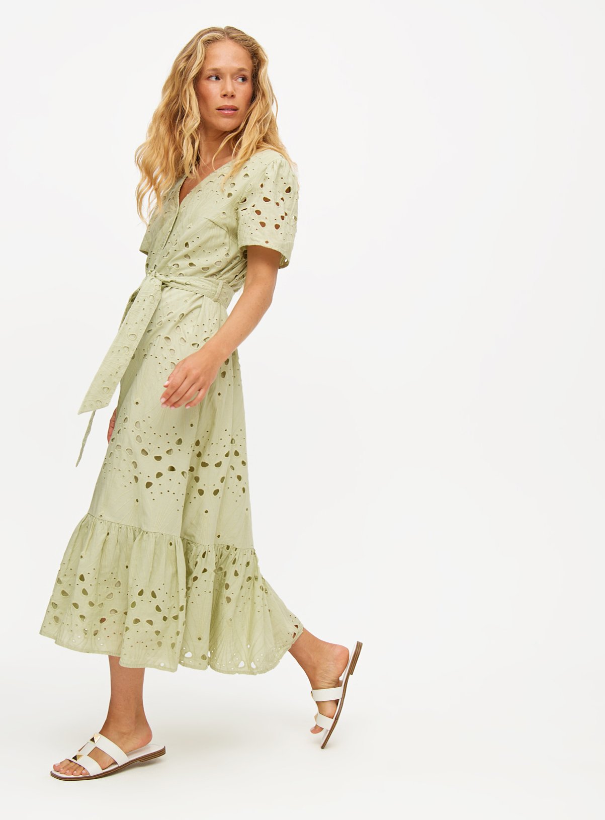 Sage Green Broderie Midi Dress 