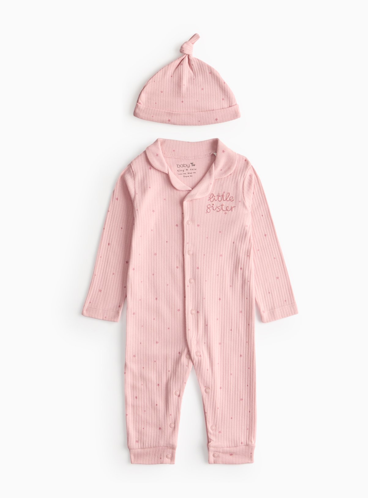 Pink Ribbed Little Sister Sleepsuit & Hat 