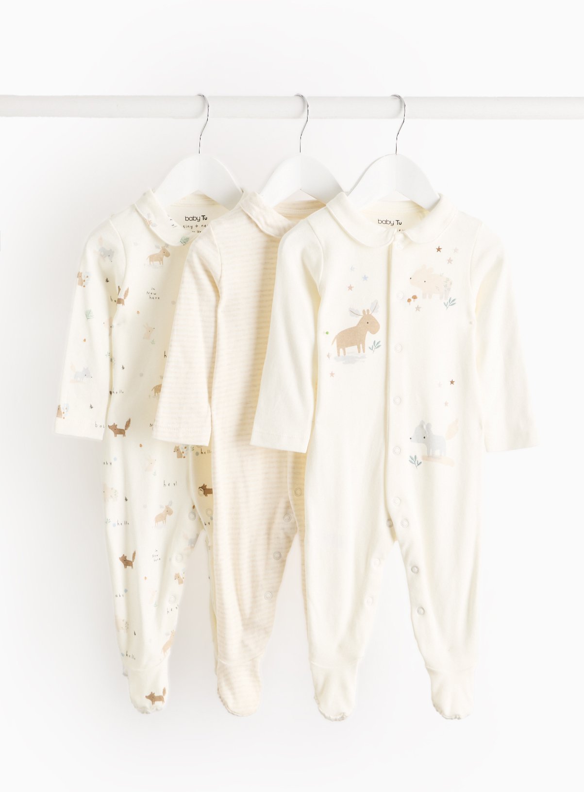 Cream Woodland Animal Print Collar Sleepsuits 3 Pack 