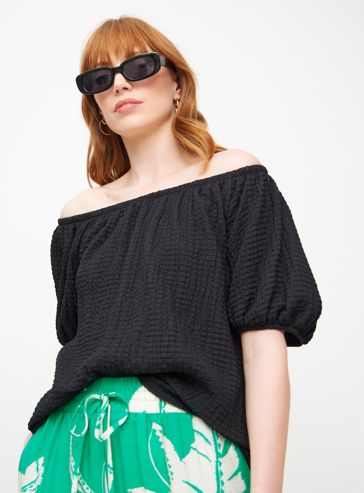 Textured Half Sleeve Bardot Top  