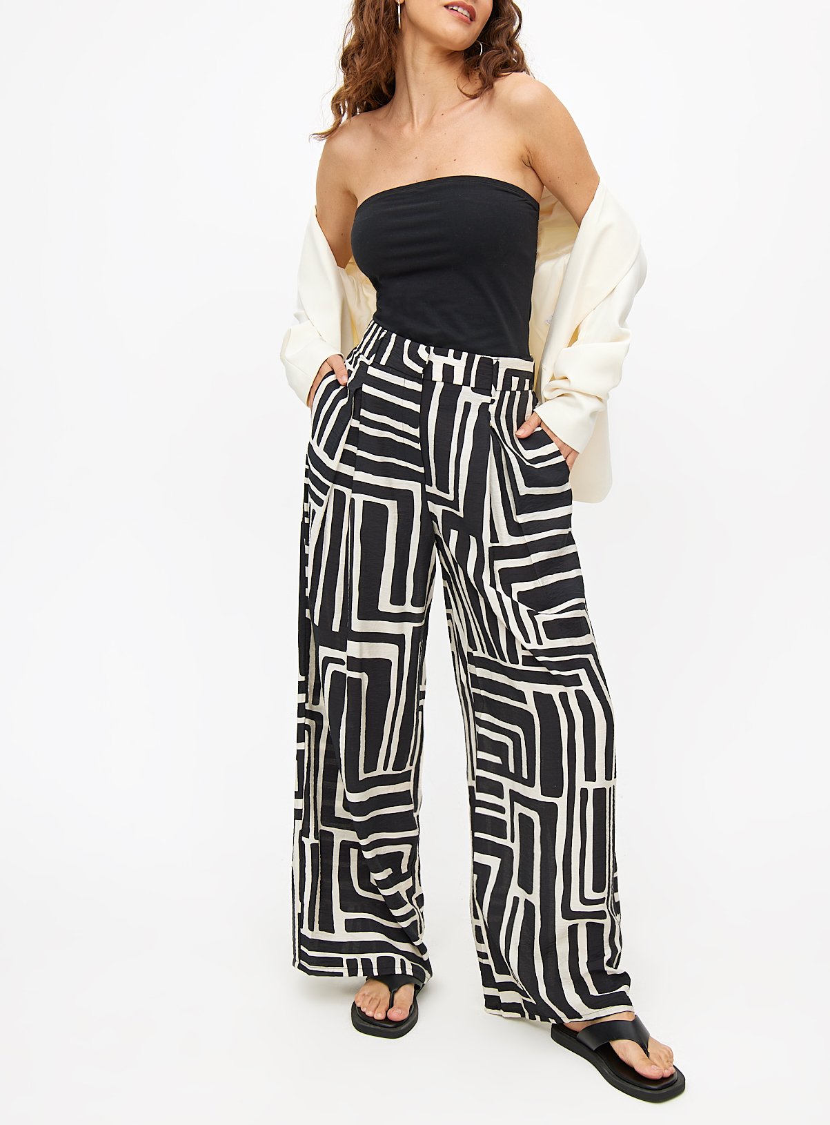 Monochrome Geometric Wide Leg Coord Trousers  