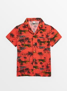 Orange Tropical Palm Print Short Sleeve Shirt 