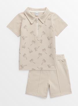 Stone Palm Print Polo Shirt & Shorts Set 