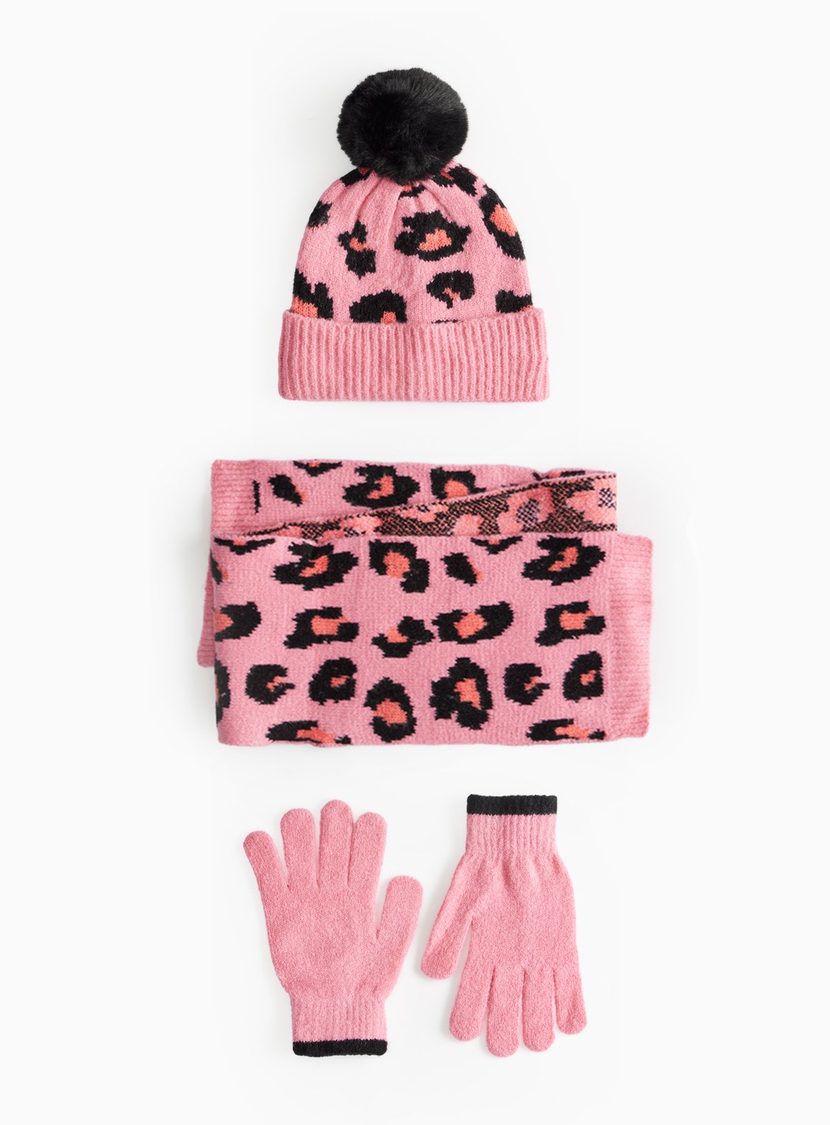 Pink Leopard Hat, Scarf & Gloves Set 