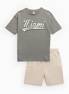 Grey Miami Print T-Shirt & Stone Shorts Set 