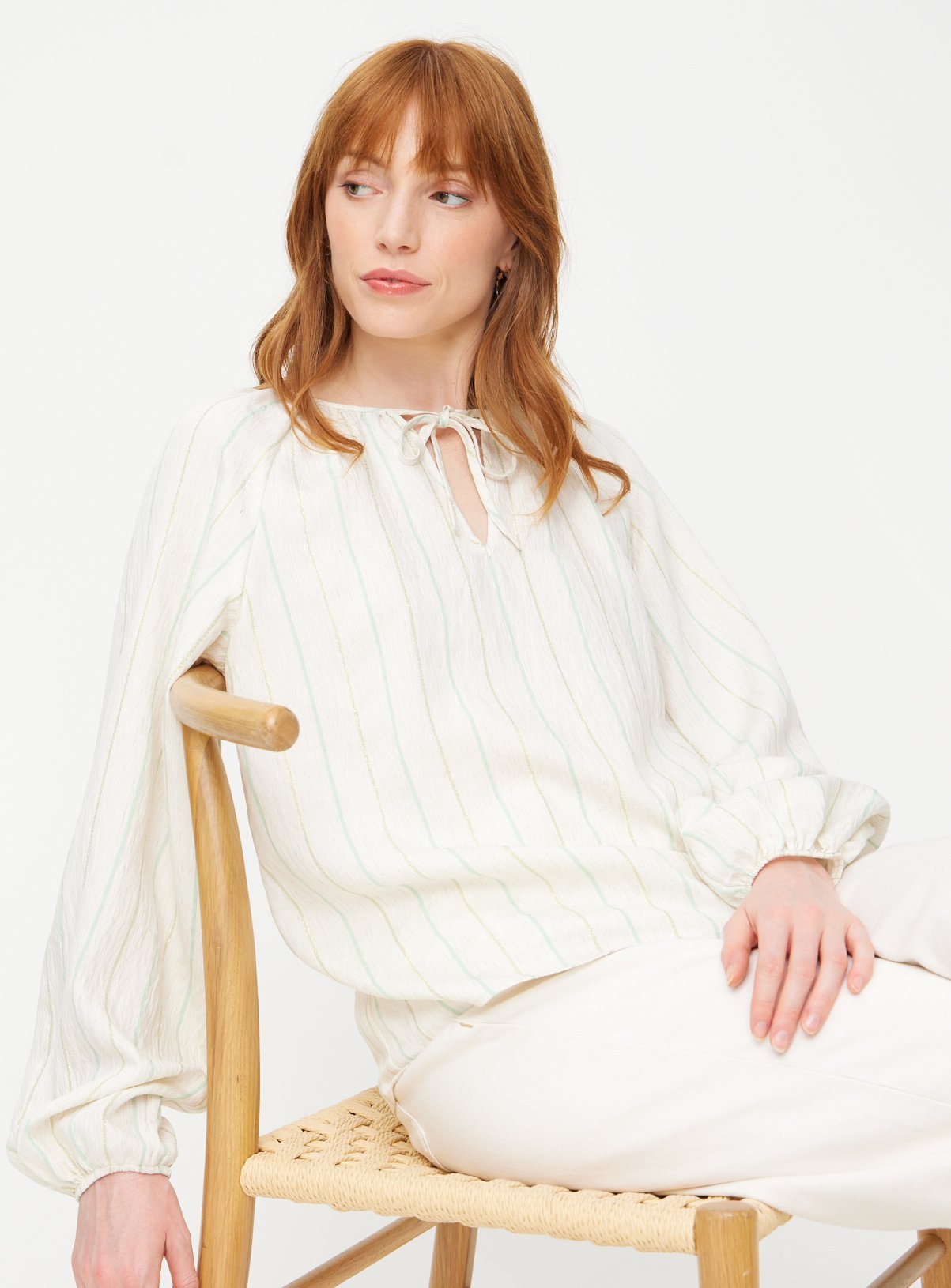 Neutral Shimmer Stripe Linen Blend Blouse 