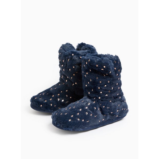 Buy Navy Faux Fur Moon Star Print Slipper Boots L Slippers Argos